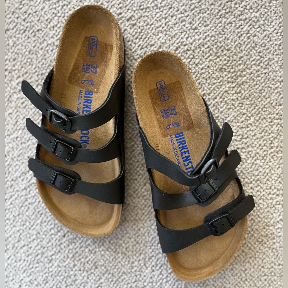 Birkenstock Florida Black Leather Footbed Sandals Sz 7